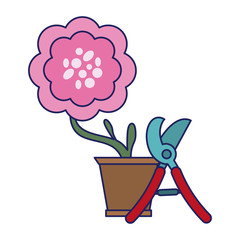 Gardening plants and tools blue lines