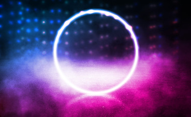 Background of empty stage, room. Reflection on wet pavement, concrete. Neon blurry lights. Neon circle figure in the center, smoke