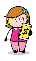 Cartoon Lady Showing Cash Balance in Mobile
