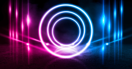 Background of empty stage, room. Reflection on wet pavement, concrete. Neon blurry lights. Neon circle figure in the center, smoke