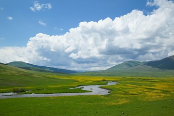 Sunny summer landscape with river.Green hills,fields and meadows