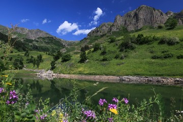 Forest lake summer landscape. Summer forest lake panorama. Forest lake shore view .savsat/artvin/turkey