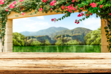 Desk of free space and fresh spring flowers 