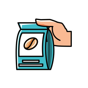 hand with bag coffee isolated icon