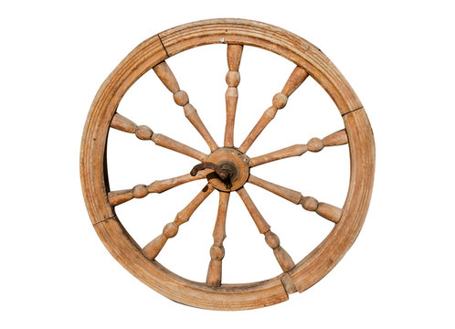 Vintage wooden cart wheel on white background.Isolated object.
