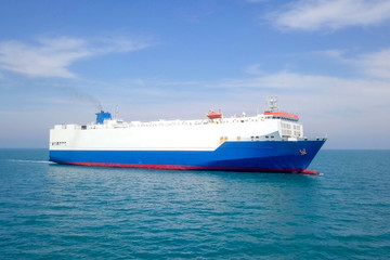 Fototapeta na wymiar Aerial image of a Large RoRo (Roll on/off) Vehicle carrier vessel cruising the Mediterranean sea