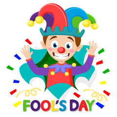 Clown looks out of the hole and waves his hands against the white. April fool's day