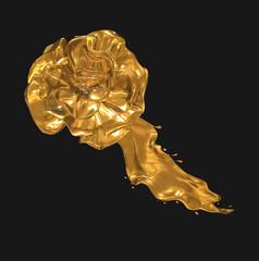 Realistic golden flower with leaf isolated on black. Clipart element. 3d render