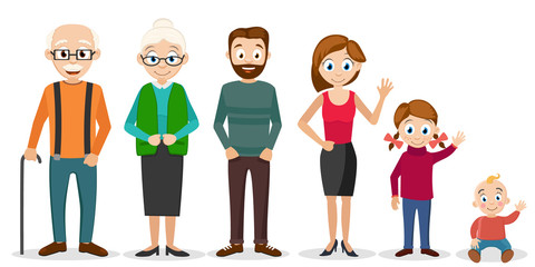 Set of families from the older generation to the baby on a white background. Characters.