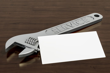 Blank business card for handyman's, repairman's or mechanics on the wooden desk background. 3D rendering