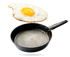 Fried eggs and a frying pan float in the air on a white, isolated.