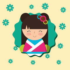 cute traditional japanese kokeshi doll in kimono flowers background