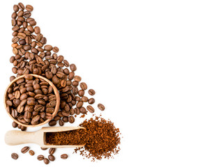 Coffee beans and instant coffee on a white background. Top view, place for text.