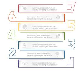 Horizontal paper stripes infographic template with color numbers. 7 positions for informations. Concept Business Strategy.
