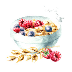 Healthy breakfast. Oat flakes muesli with raspberries and blueberries. Watercolor hand drawn illustration  isolated on white background