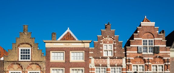 Fototapeta premium Panorama, stepped gable Houses in Nieuwstraat. Dodrecht. The Netherlands. 