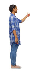 Side view of a black woman showing thumb up.