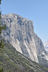 Yosemite National Park, CA., U.S.A. June 26, 2017. Panorama view of Yosemite Valley from the tunnel showing El Capitan, Half-dome, Bridalveil Falls.