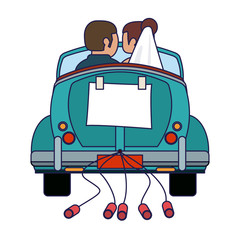 Wedding couple in vintage car with cans backward blue lines