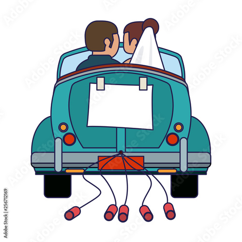 Wedding couple in vintage car with cans backward blue lines