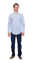 Fototapeta premium Front view of man in jeans. Standing young guy.