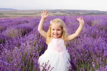 happy girl  in   lavender field