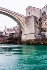 View of Stari Most a 16th-century Ottoman bridge over Neretva river in the city of Mostar in Bosnia Herzegovina