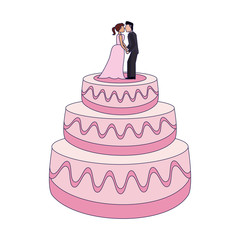 Wedding cake with bride and groom dummies blue lines