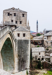 Fragment  of Stari Most a 16th-century Ottoman bridge over Neretva river in the city of Mostar in Bosnia Herzegovina