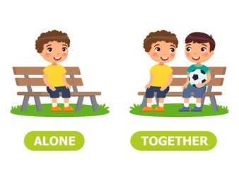 Boys are sitting on the bench. Alone and together illustration. Vocabulary English opposite words.