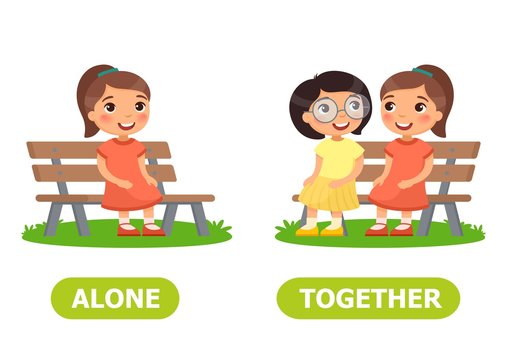 Girls are sitting on the bench. Opposite wordcard for alone and together illustration.