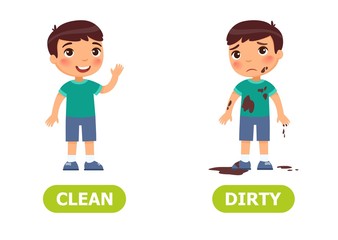 Boy is joyful, boy is sad..Opposite wordcard for clean and dirty illustration.