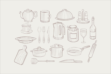 Kitchen utensil set, cooking equipment icons hand drawn vector illustration