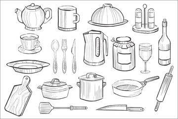 Cooking equipment set, kitchen utensil icons hand drawn vector illustration
