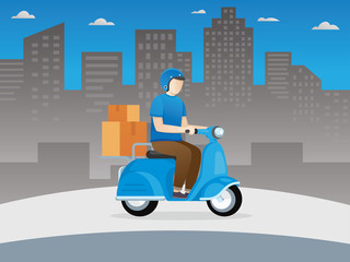 young man on a scooter. Delivery guy on scooter. Scooter delivery man, Fast and free delivery. Vector cartoon illustration. A young Boy riding delivery scooter - Vector