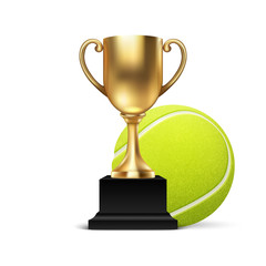 Realistic Vector 3d Blank Golden Champion Cup Icon wirh Tennis Ball Set Closeup Isolated on White. Design Template of Championship Trophy. Sport Tournament Award, Gold Winner Cup and Victory Concept