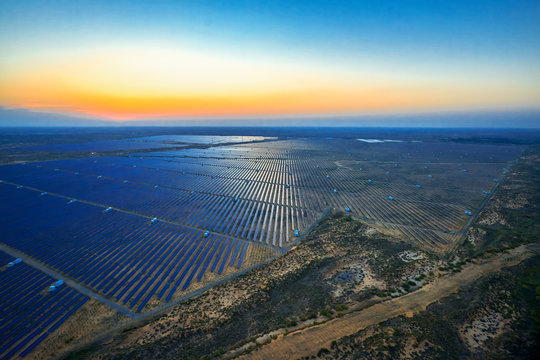Aerial photography of the solar photovoltaic base in the desert