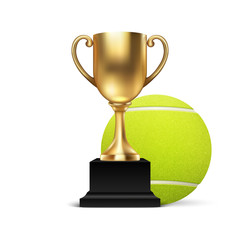 Realistic Vector 3d Blank Golden Champion Cup Icon wirh Tennis Ball Set Closeup Isolated on White. Design Template of Championship Trophy. Sport Tournament Award, Gold Winner Cup and Victory Concept