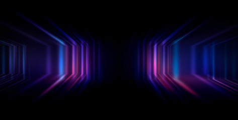 Background wall with neon lines and rays. Background of an empty dark corridor with neon light. Abstract background with lines and glow.