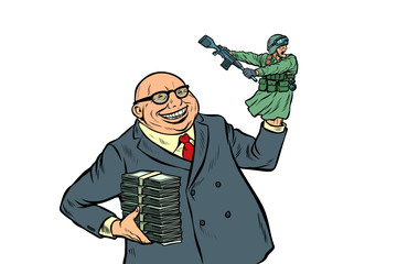Fototapeta premium War propaganda. Soldier attacks. Politician with money
