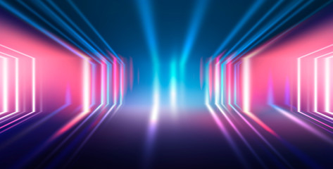 Background wall with neon lines and rays. Background of an empty dark corridor with neon light....