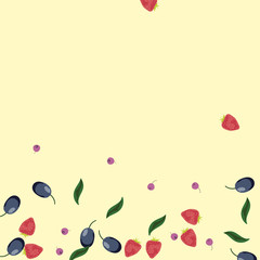 Berry background with blueberries, strawberries and plums on a light background.