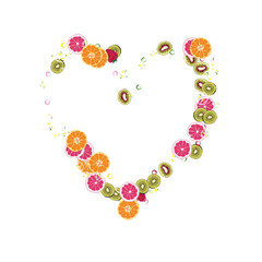 Bright fruity background with orange, grapefruit, strawberries and kiwi on a blue background.