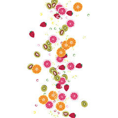 Bright fruity background with orange, grapefruit, strawberries and kiwi on a blue background.