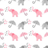 Cute pattern with watercolor elephants and umbrellas. Vector background for kids.