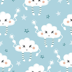 Seamless childish cute cartoon clouds pattern. Baby print.	