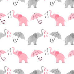 Cute pattern with watercolor elephants and umbrellas. Vector background for kids.