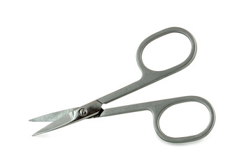 Stainless steel scissors isolated on white background. Nail scissors manicure isolated on white underlay.