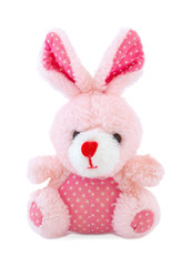 Pink rabbit plush doll isolated on white background. Rabbit plush stuffed puppet on white backdrop. Pinky stuffed rabbit toy. Easter Bunny. Easter Hare.