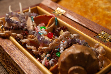 Treasure in a wooden open chest. A Pirate treasure.